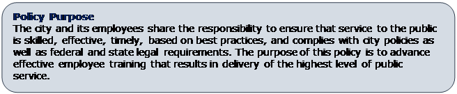 Rounded Rectangle: Policy Purpose
The city and its employees share the responsibility to ensure that service to the public is skilled, effective, timely, based on best practices, and complies with city policies as well as federal and state legal requirements. The purpose of this policy is to advance effective employee training that results in delivery of the highest level of public service.

